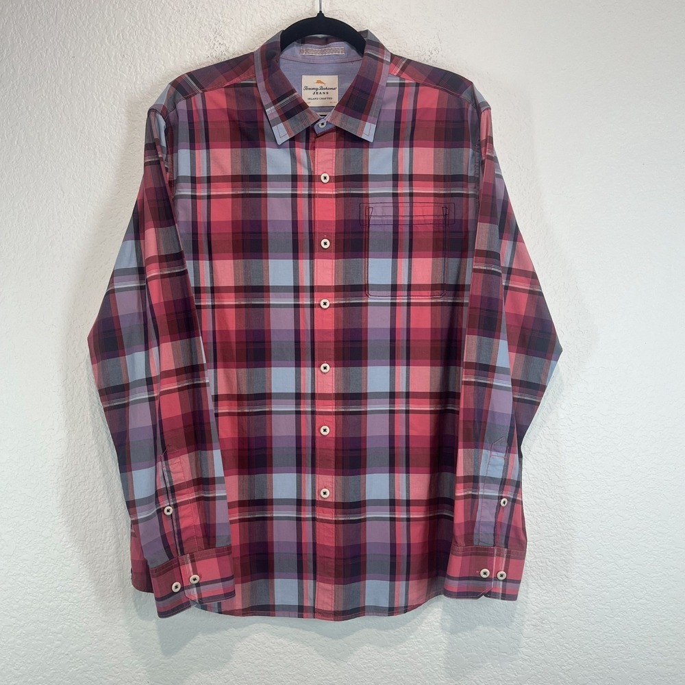 Tommy Bahama Island Crafted Shirt Mens Large Multicolor Plaid Cotton Modern Fit